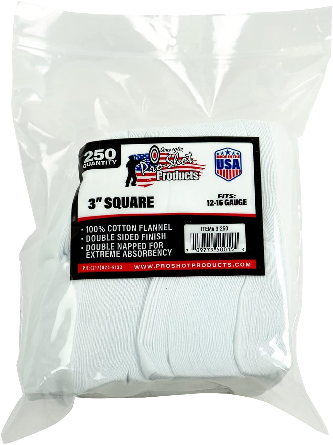 Pro-Shot 250-Pack 3" Square Cotton Flannel Bore Patches 12-16 Gauge