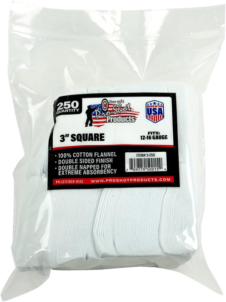 Pro-Shot 250-Pack 3" Square Cotton Flannel Bore Patches 12-16 Gauge