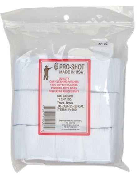 Pro-Shot 500-Pack 1.75" Square Cotton Flannel Bore Patches .38/6mm/7mm Cal
