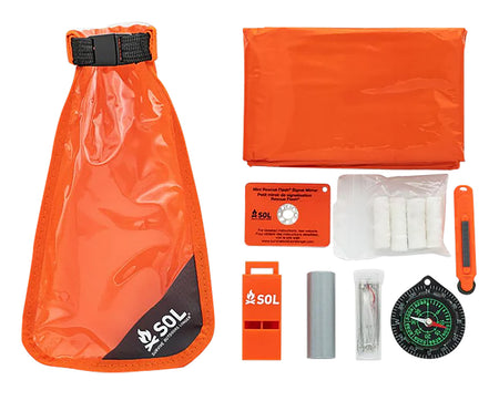 SOL Scout Survival Kit Orange with Fire Lite Striker Whistle Mirror Compass and Fishing Kit