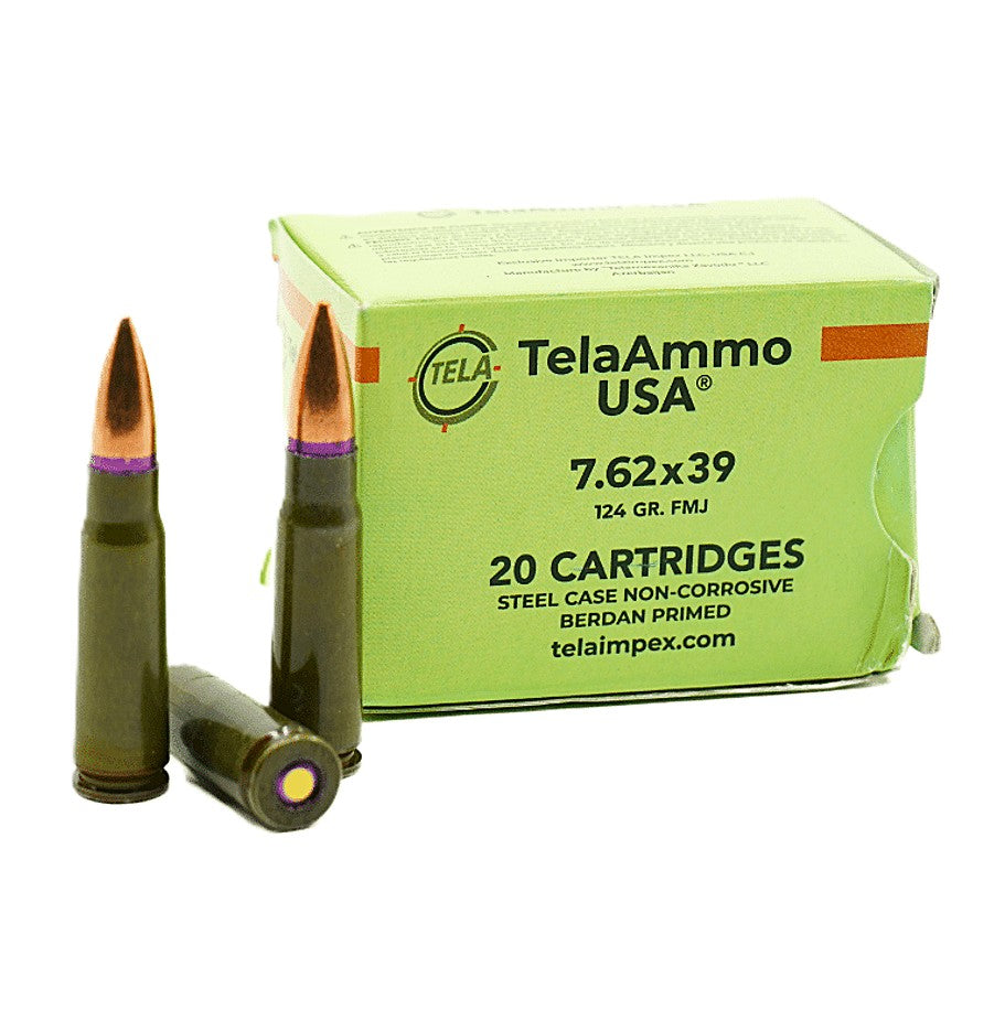 TelaAmmo 7.62x39 124 Grain Full Metal Jacket(FMJ) Non Corrosive Steel case
