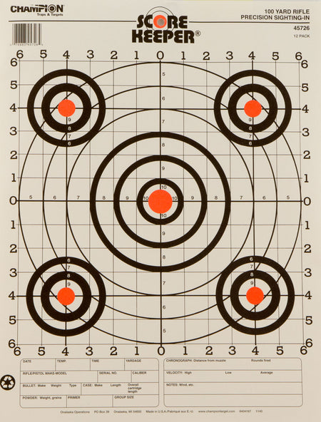Champion Score Keeper 100 Yard Pistol/Rifle Multi-Color Hanging Paper Target 12 Pack
