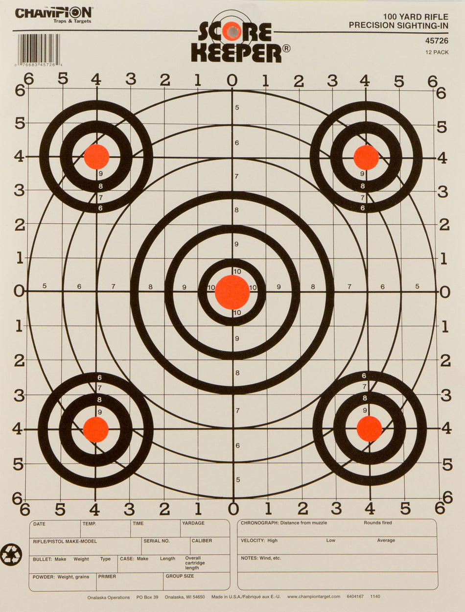 Champion Score Keeper 100 Yard Pistol/Rifle Multi-Color Hanging Paper Target 12 Pack