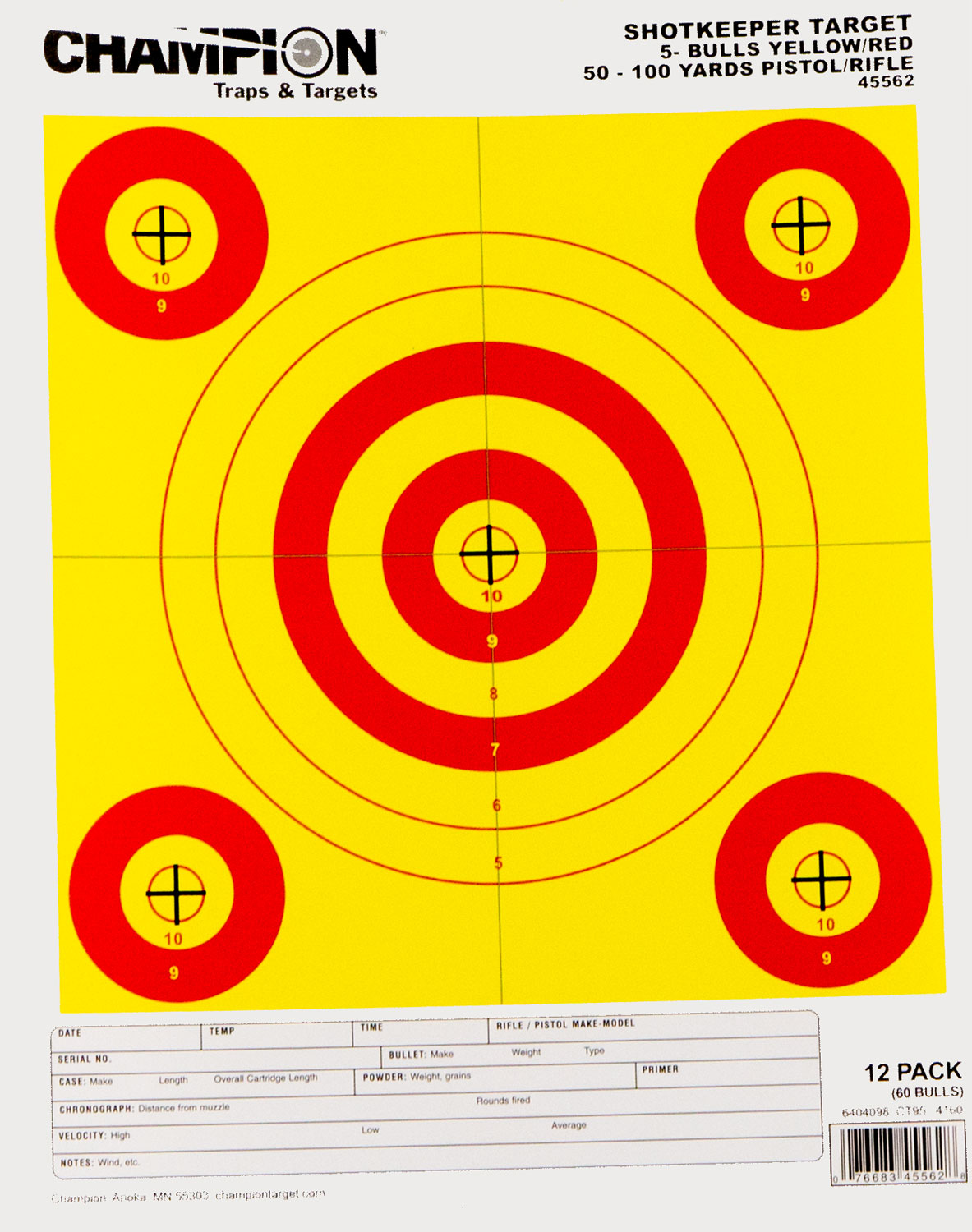 Champion 45562 Shotkeeper 5-Bullseye Shooting Targets with Built-In Record Keeping, 12-Count