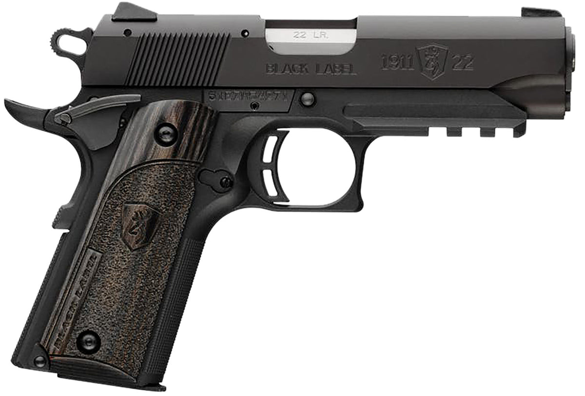 Browning 051817490 1911 Black Label Compact Frame 22 LR 10+1, 3.63" Stainless Steel Barrel, Matte Black Serrated Slide & Polymer Frame w/Beavertail & Picatinny Rail, Black Laminate Stippled Grip
