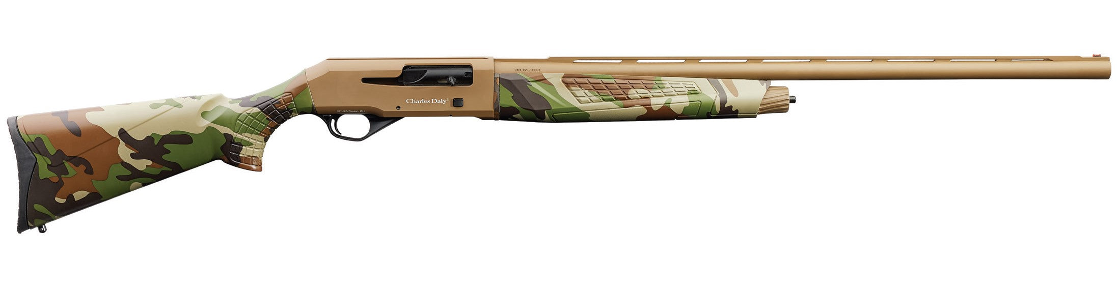 Charles Daly 930328 601 12 Gauge 4+1 3" 28" Vent Rib Barrel, Flat Dark Earth Finish Aluminum Receiver, Woodland Camo Synthetic Stock, Includes 3 Choke Tubes