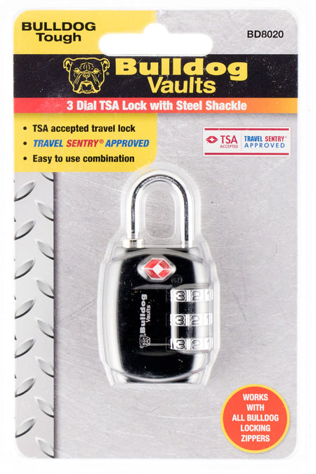 Bulldog BD8020 TSA Approved Combination Lock Black Steel - Works with Bulldog Zippers