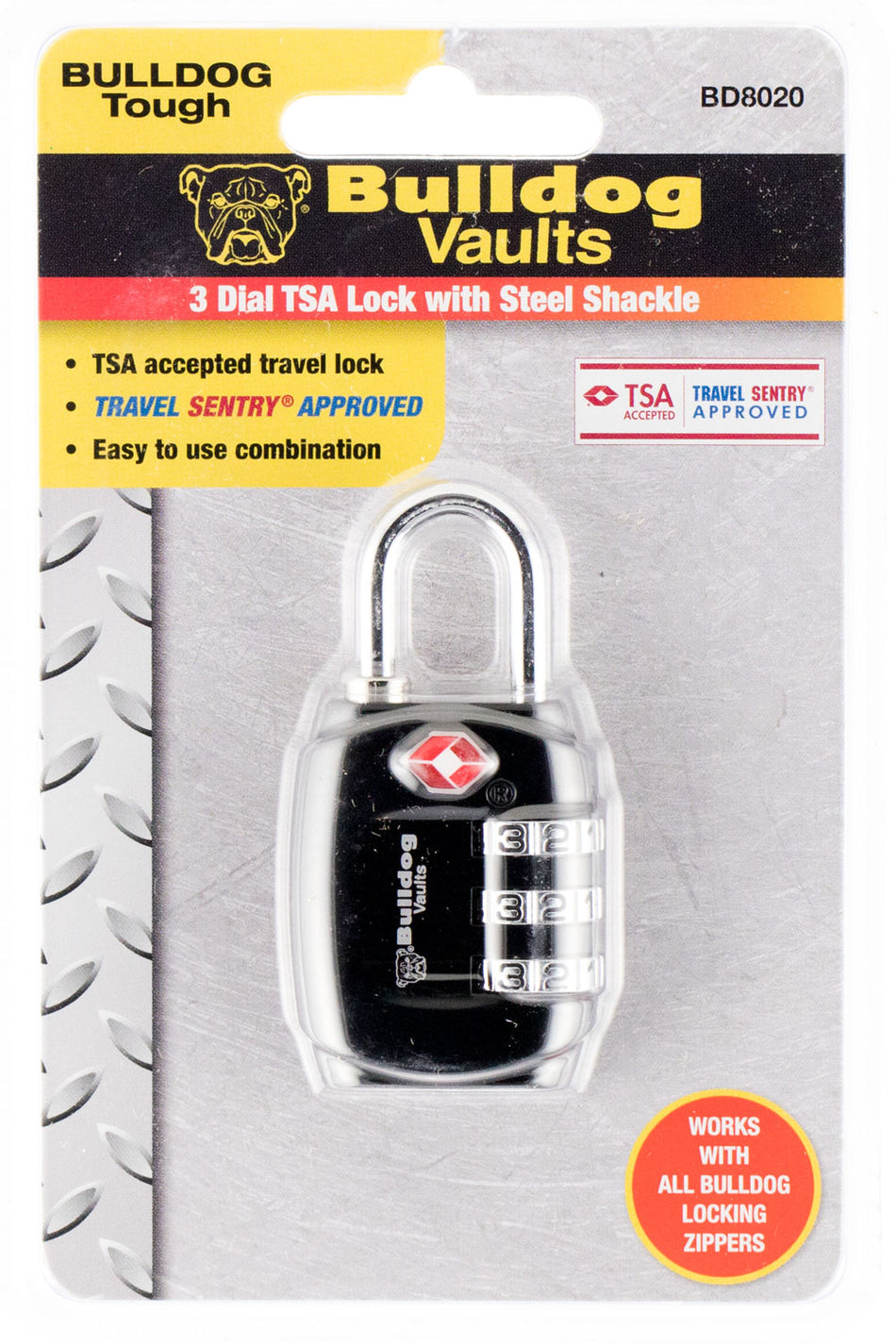 Bulldog BD8020 TSA Approved Combination Lock Black Steel - Works with Bulldog Zippers
