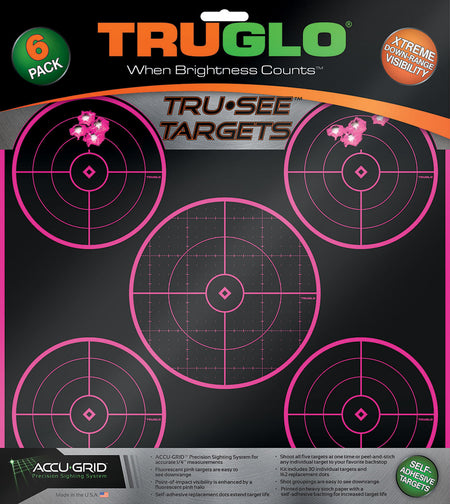 TruGlo Tru-See 5-Bull Heavy Paper Target with Pink Halo Self-Adhesive 12"x12" Pack of 6
