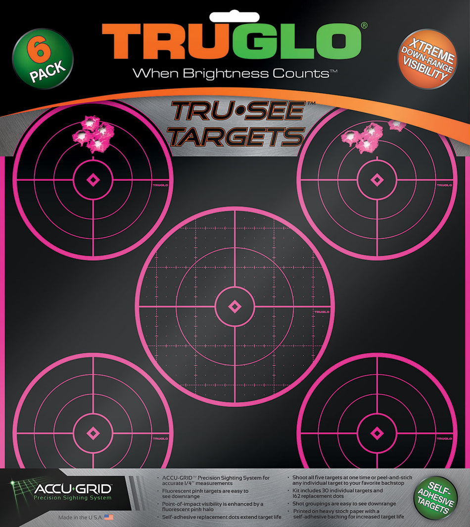 TruGlo Tru-See 5-Bull Heavy Paper Target with Pink Halo Self-Adhesive 12"x12" Pack of 6