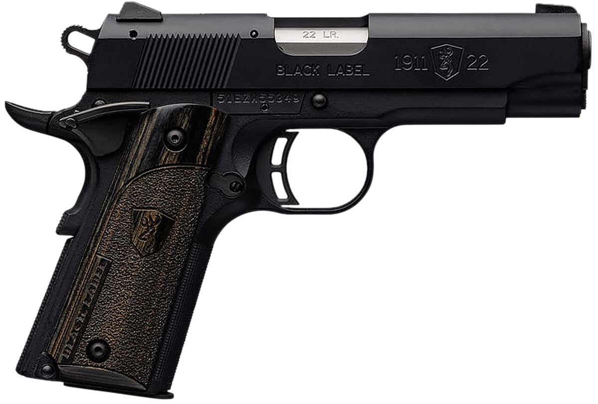 Browning 051815490 1911 Black Label Compact 22 LR 10+1 3.63" Stainless Steel Barrel, Matte Black Serrated Slide & Polymer Frame w/Beavertail, Black Laminate Stippled Grip