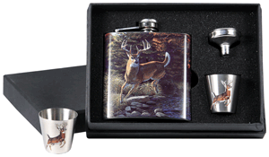 Rivers Edge Whitetail Deer 6oz Stainless Flask 2 Shot Glass Set with Funnel