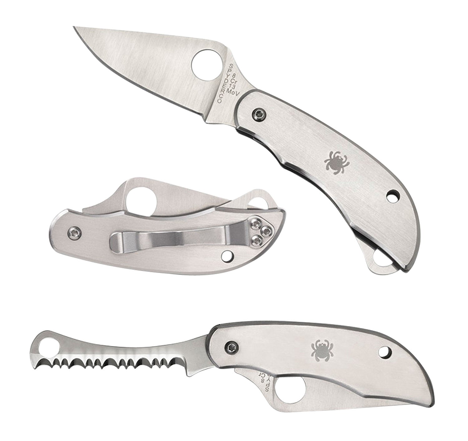 Spyderco ClipiTool Folding Knife C176P&S 8Cr13MoV SS Part Serrated Blade Stainless Steel Handle Bottle Opener/Flathead Screwdriver