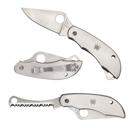Spyderco ClipiTool Folding Knife C176P&S 8Cr13MoV SS Part Serrated Blade Stainless Steel Handle Bottle Opener/Flathead Screwdriver