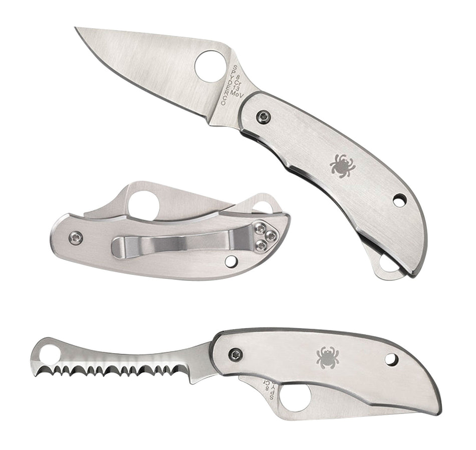 Spyderco ClipiTool Folding Knife C176P&S 8Cr13MoV SS Part Serrated Blade Stainless Steel Handle Bottle Opener/Flathead Screwdriver