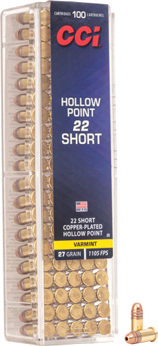 CCI High Velocity VNT Copper Plated Hollow Point 27 Grain .22 Short 1105 fps