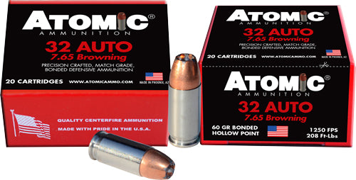 Atomic +P .32 ACP 60 grain Jacketed Hollow Point ammunition