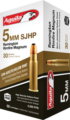 Aguila Target & Range High Velocity 5mm Remington Rim 30 grain Semi Jacketed Hollow Point ammunition