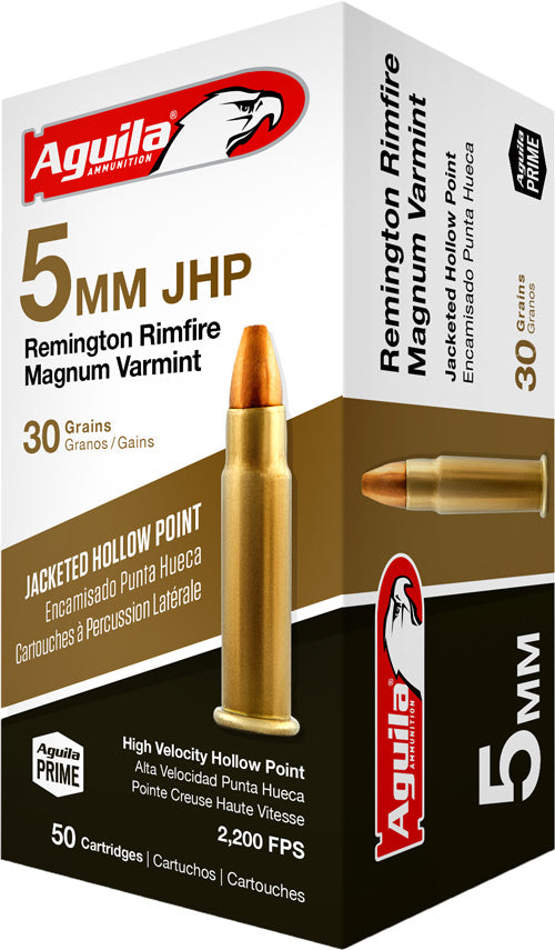 Aguila Target & Range High Velocity Magnum Varmint 5mm Remington Rim 30 grain Jacketed Hollow Point ammunition