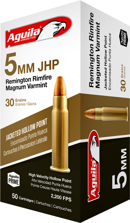 Aguila Target & Range High Velocity Magnum Varmint 5mm Remington Rim 30 grain Jacketed Hollow Point ammunition