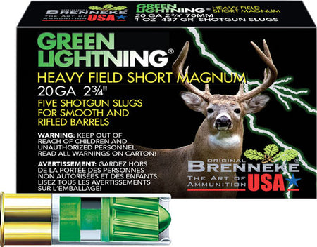 Brenneke SL-202HFSGL Green Lightning Heavy Field Short Magnum 20 Gauge 2-3/4 1oz #Slug 1392 fps