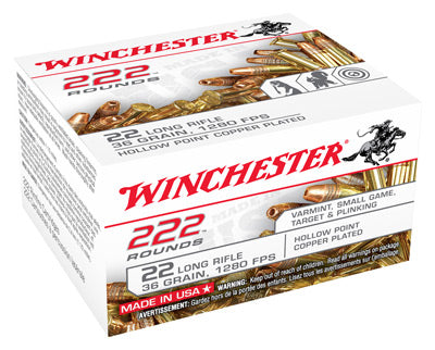 Winchester USA 222 .22 Long Rifle 36 grain Copper Plated Hollow Point ammunition