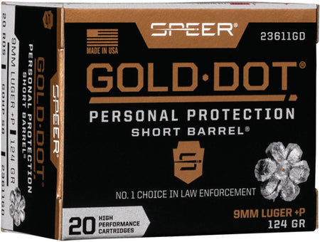 Speer Gold Dot +P Personal Protection Short Barrel 9mm Luger / Parabellum 124 grain Jacketed Hollow Point ammunition