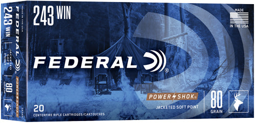 Federal PowerShok Jacketed Soft Point 80 Grain .243 Winchester 3330 fps