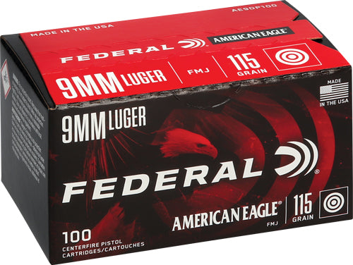 American Eagle AE9DP100 Full Metal Jacket 115 Grain 9mm Luger 1180 fps