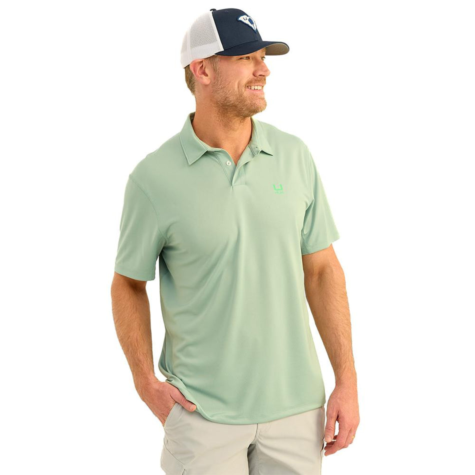 Huk Icon Short Sleeve Polo Fog Green Color Size Small