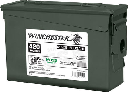 Winchester M855 Green Tip Ammo Can Stripper Clips 5.56x45mm NATO 62 grain Full Metal Jacket ammunition