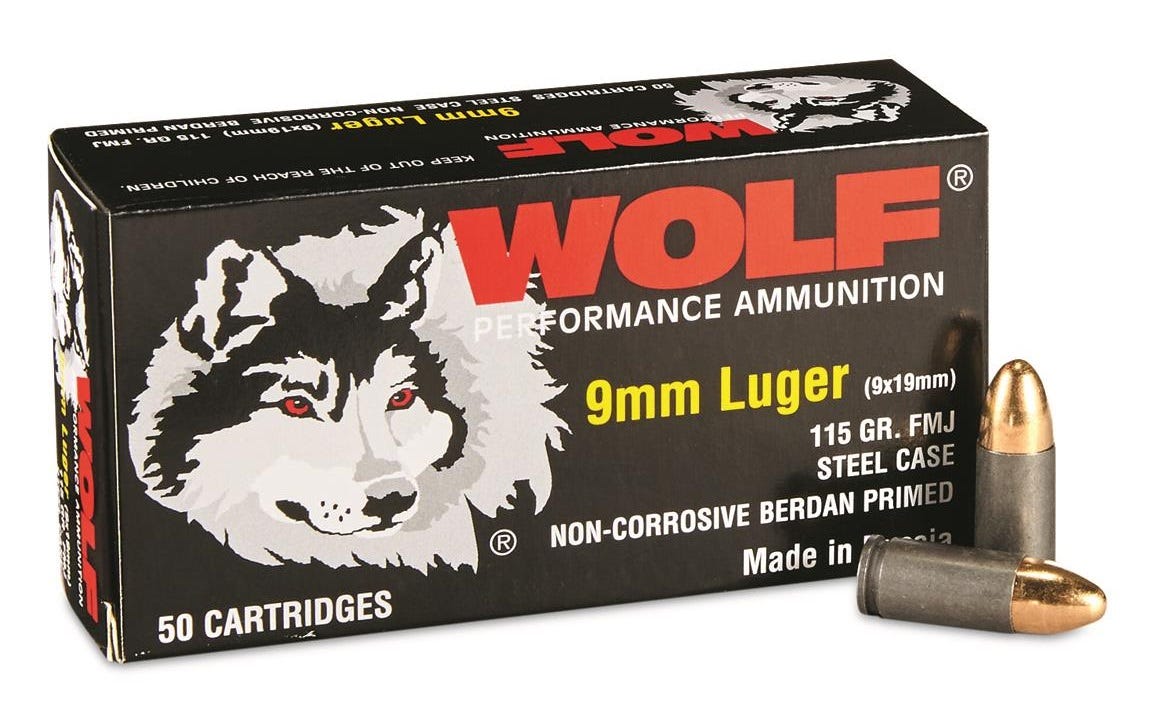 Wolf Performance 9mm Luger / Parabellum 115 grain Full Metal Jacket ammunition