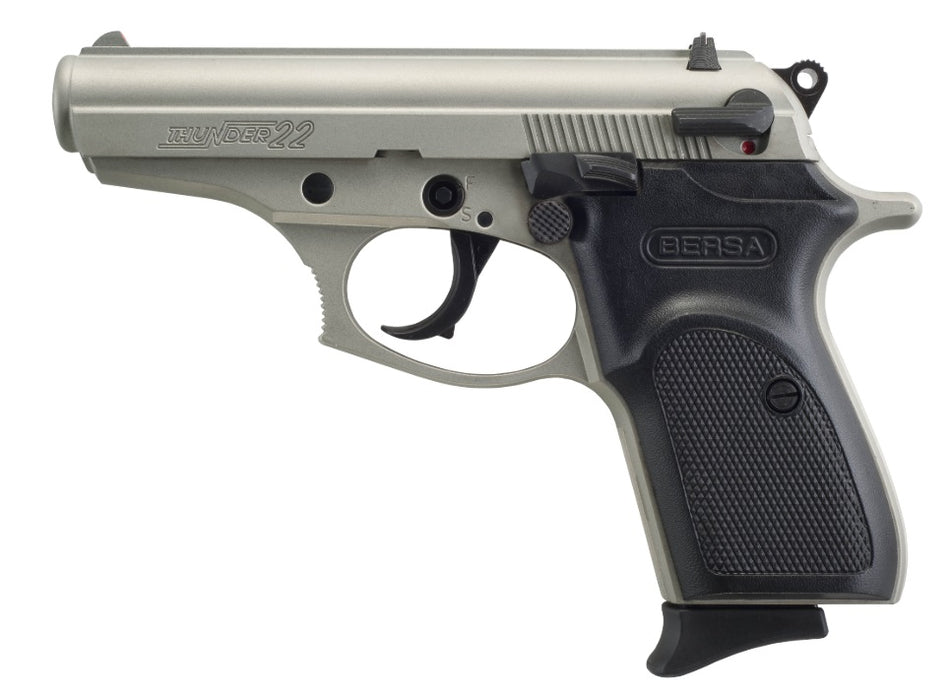 Bersa T22NKL Thunder Micro-Compact Frame 22 LR 10+1 3.50" Nickel Steel Barrel, Nickel Cerakote Serrated Slide & Aluminum Frame w/Beavertail Black Textured Polymer Grip
