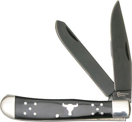 ABKT Cattlemans Cutlery 2-Blade Black Angus Trapper Knife Black Delrin Handle