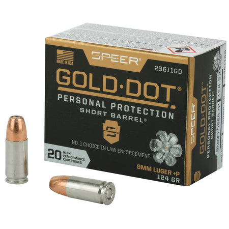 Speer Gold Dot +P Personal Protection Short Barrel 9mm Luger / Parabellum 124 grain Jacketed Hollow Point ammunition