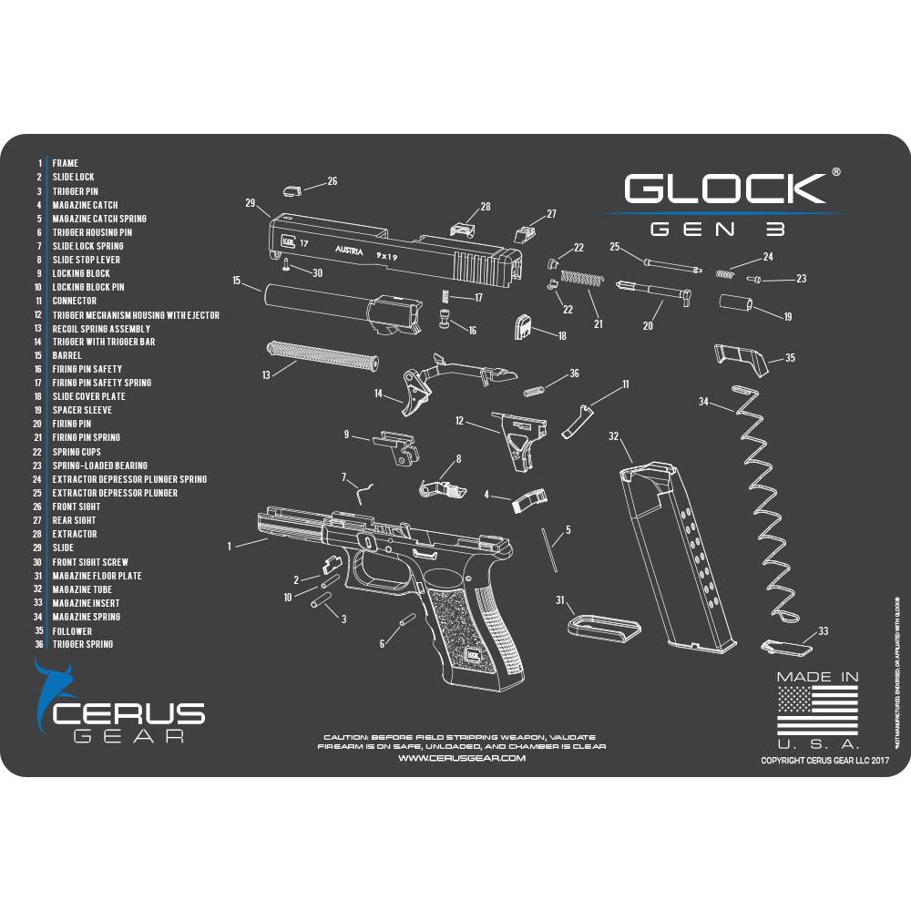 Cerus Gear Glock Gen3 Schematic Gray ProMat 12 x 17 Inch Cleaning Pad