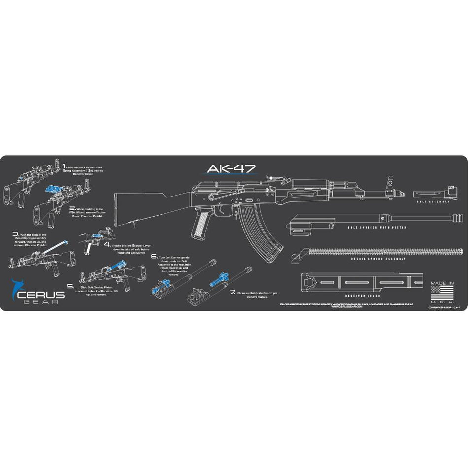 Cerus Gear AK-47 Step-by-Step Instructional Cleaning Mat 12x36 Grey