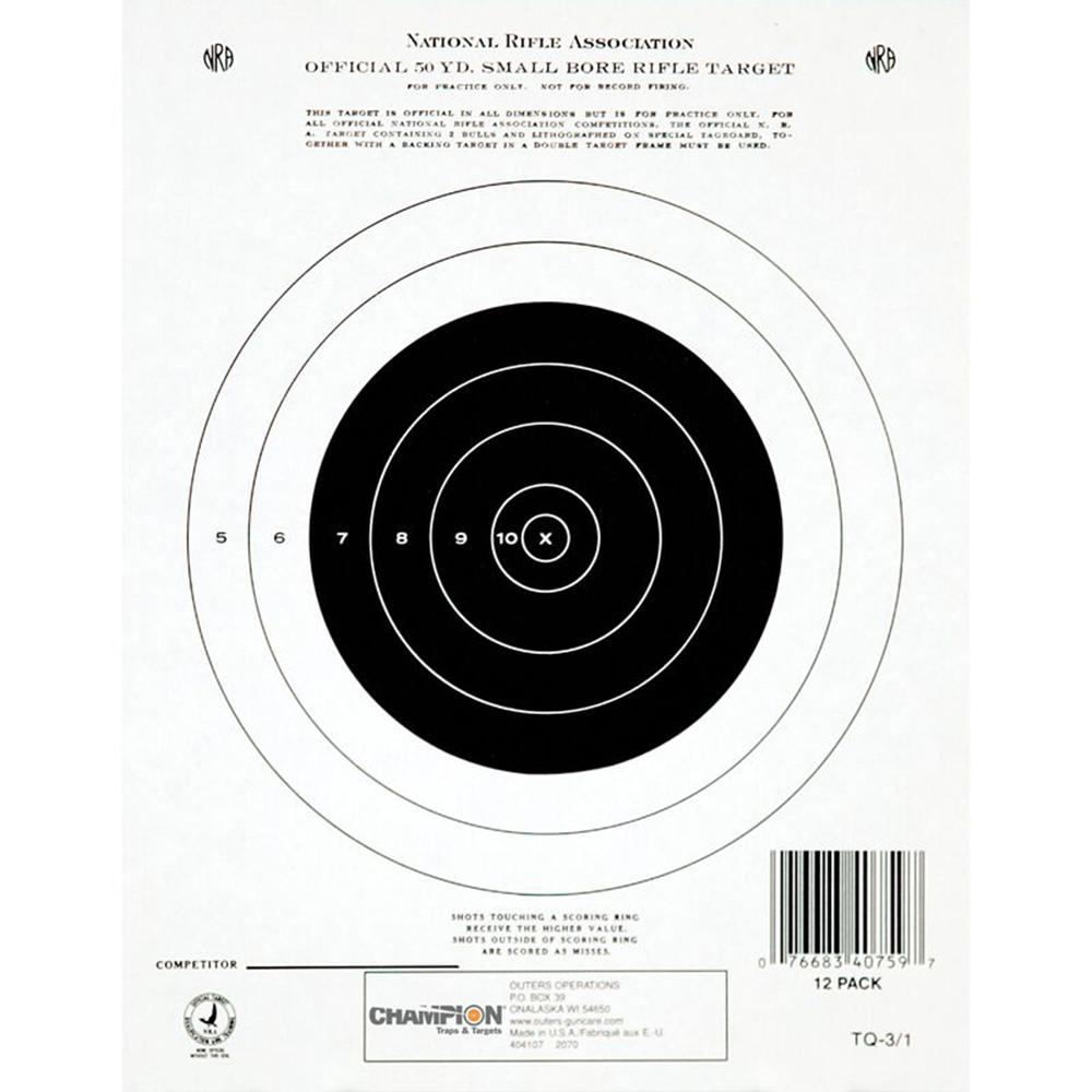 Champion Official NRA Small Bore Rifle 50yd Single Bull Paper Targets - 12 Pack