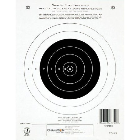 Champion Official NRA Small Bore Rifle 50yd Single Bull Paper Targets - 12 Pack