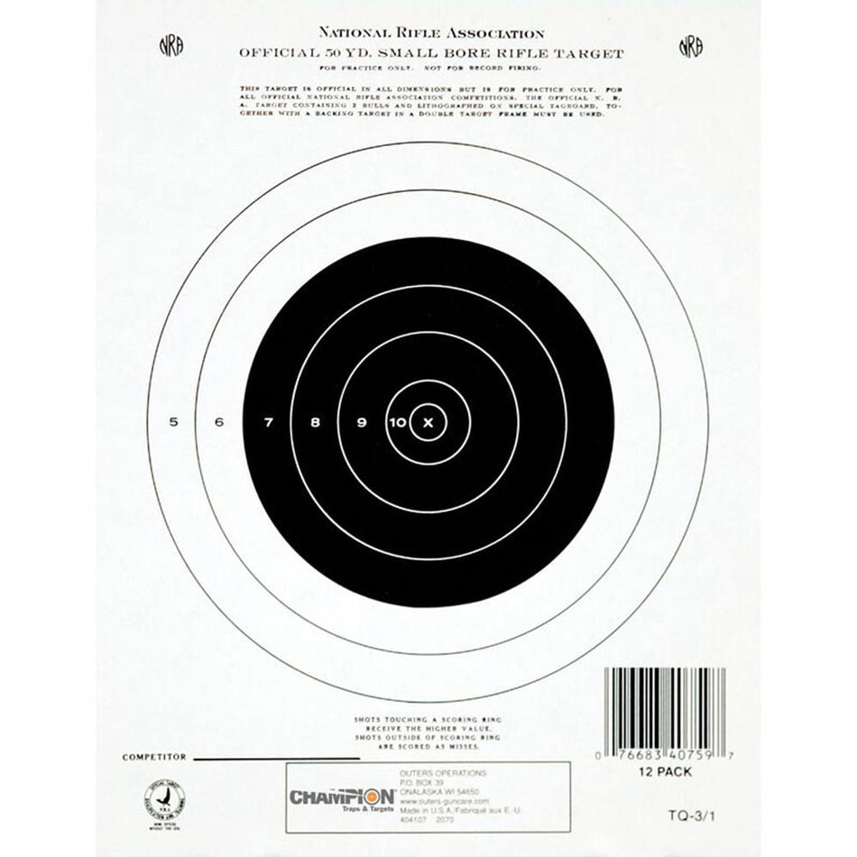 Champion Official NRA Small Bore Rifle 50yd Single Bull Paper Targets - 12 Pack