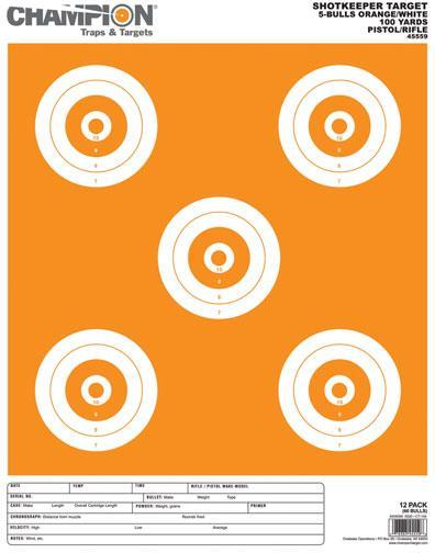 Champion ShotKeeper White & Orange 5 Bull Large Shooting Targets 12 Pack