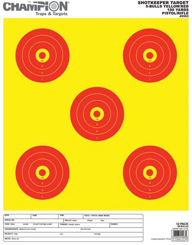 Champion ShotKeeper Yellow & Red 5 Bull Large Shooting Targets 12 Pack