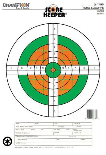 Champion Scorekeeper Fluorescent Bull 25 Yard Slow Fire Pistol Targets - 12 Per Pack