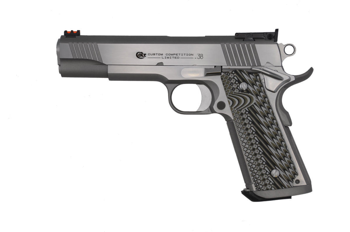 Colt Mfg O1073CS Custom Competition 38 Super 9+1 5" Stainless National Match Barrel, Brushed Stainless Steel Serrated Slide & Frame w/Beavertail, Black G10 Grip, Ambidextrous