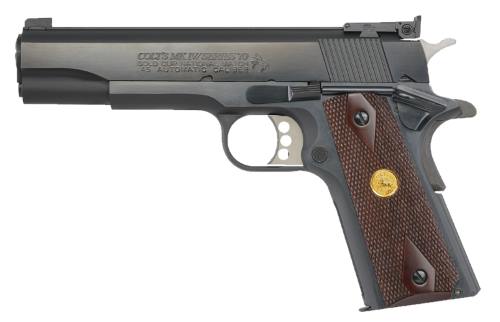 Colt Mfg O5870A1 Gold Cup Natonal Match 45 ACP 8+1 5" Stainless National Match Barrel, Blued Serrated Carbon Steel Slide & Frame w/Beavertail, Walnut w/Integrated Gold Medallion Grip, Ambidextrous