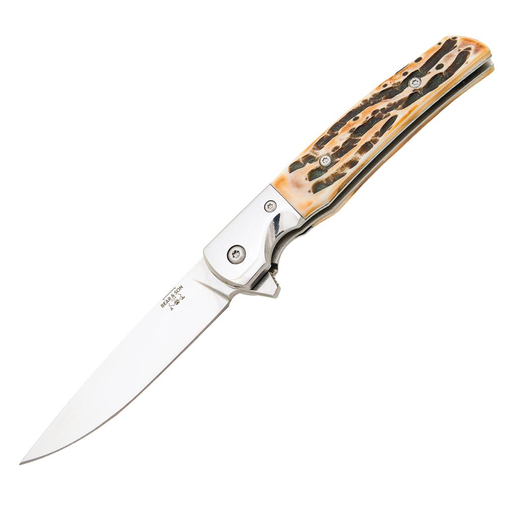 Bear & Son Rancher Sideliner Pocket Knife 3-3/8" Drop Point Blade India Stag Bone