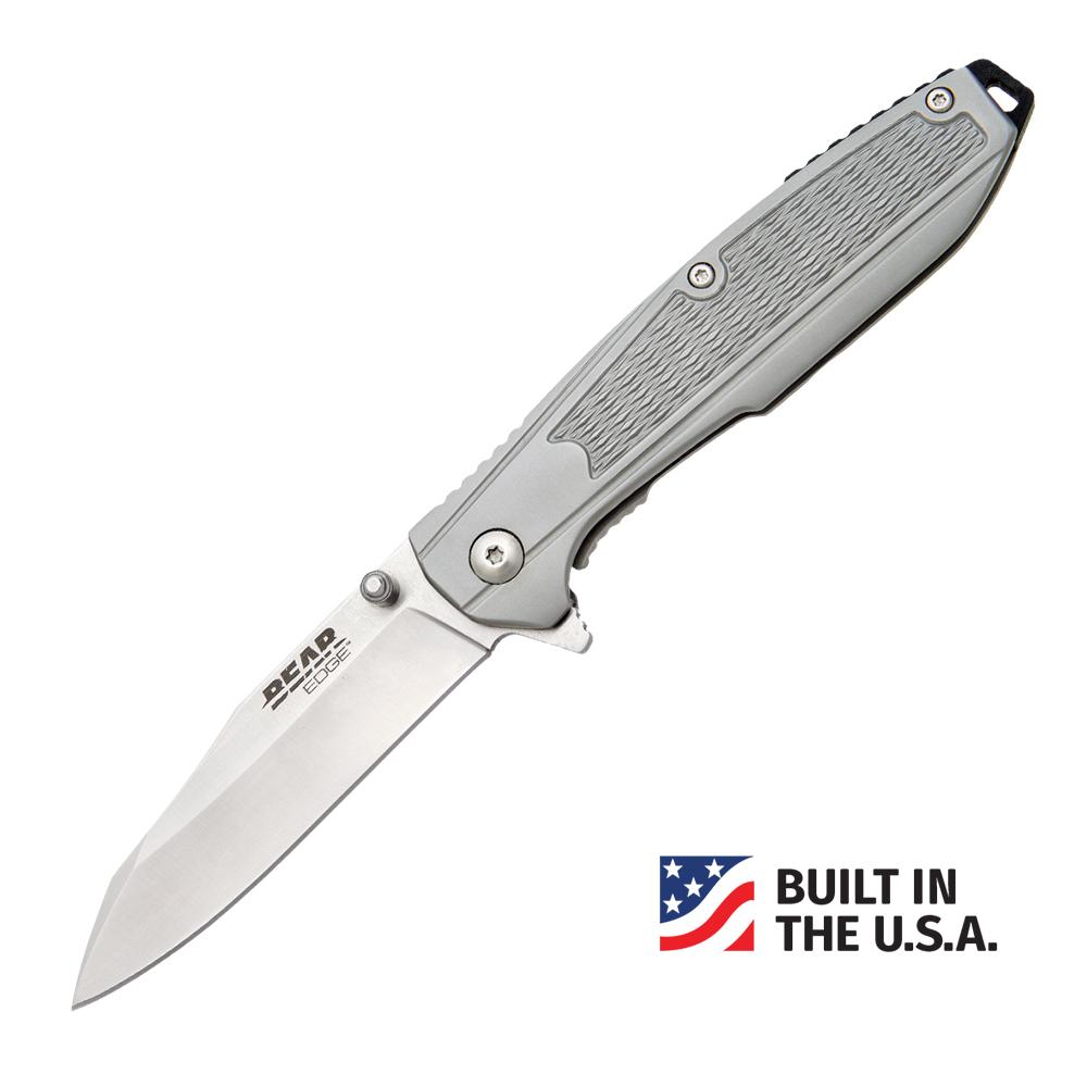 Bear & Son USA Frame Lock Pocket Knife 3.25" Reverse Tanto Blade Grey Stainless Steel
