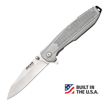 Bear & Son USA Frame Lock Pocket Knife 3.25" Reverse Tanto Blade Grey Stainless Steel