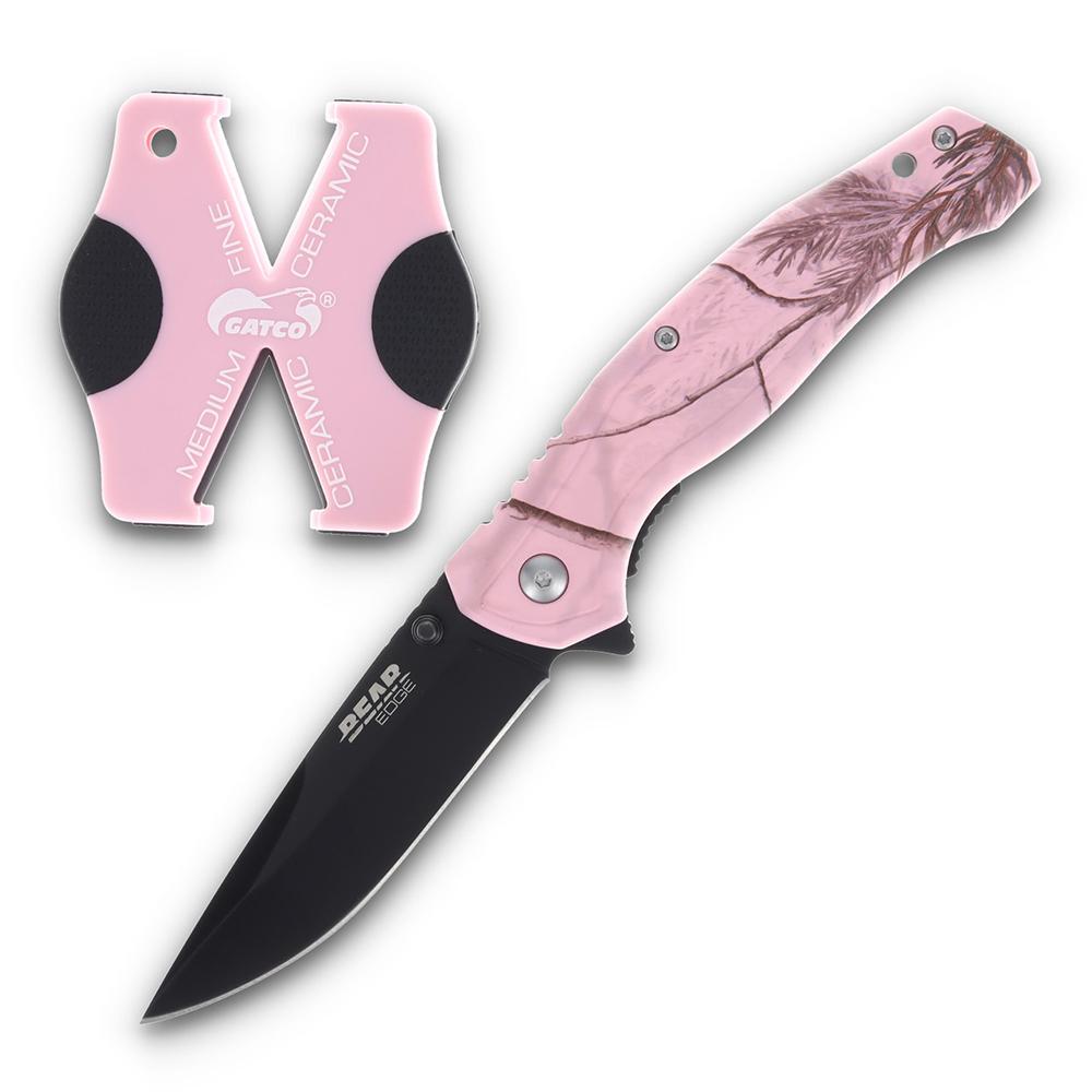 Bear & Son Brisk 2.0 Drop Point Folding Knife Sharpener Combo Pink Camo