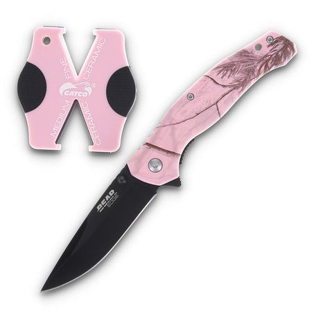 Bear & Son Brisk 2.0 Drop Point Folding Knife Sharpener Combo Pink Camo